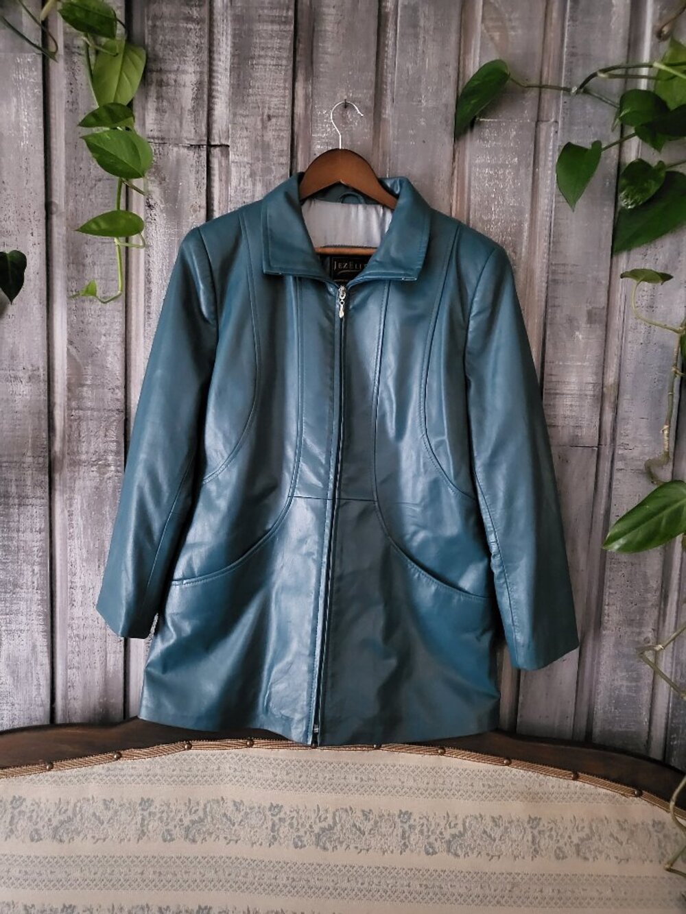 Jezelite Vintage Teal Blue 100% Real Leather Coat Mid-Length Zip Jacket 12 / 90s